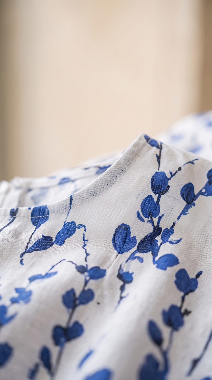 Amelia Summer Elegance Dress in White & Blue — detail shot