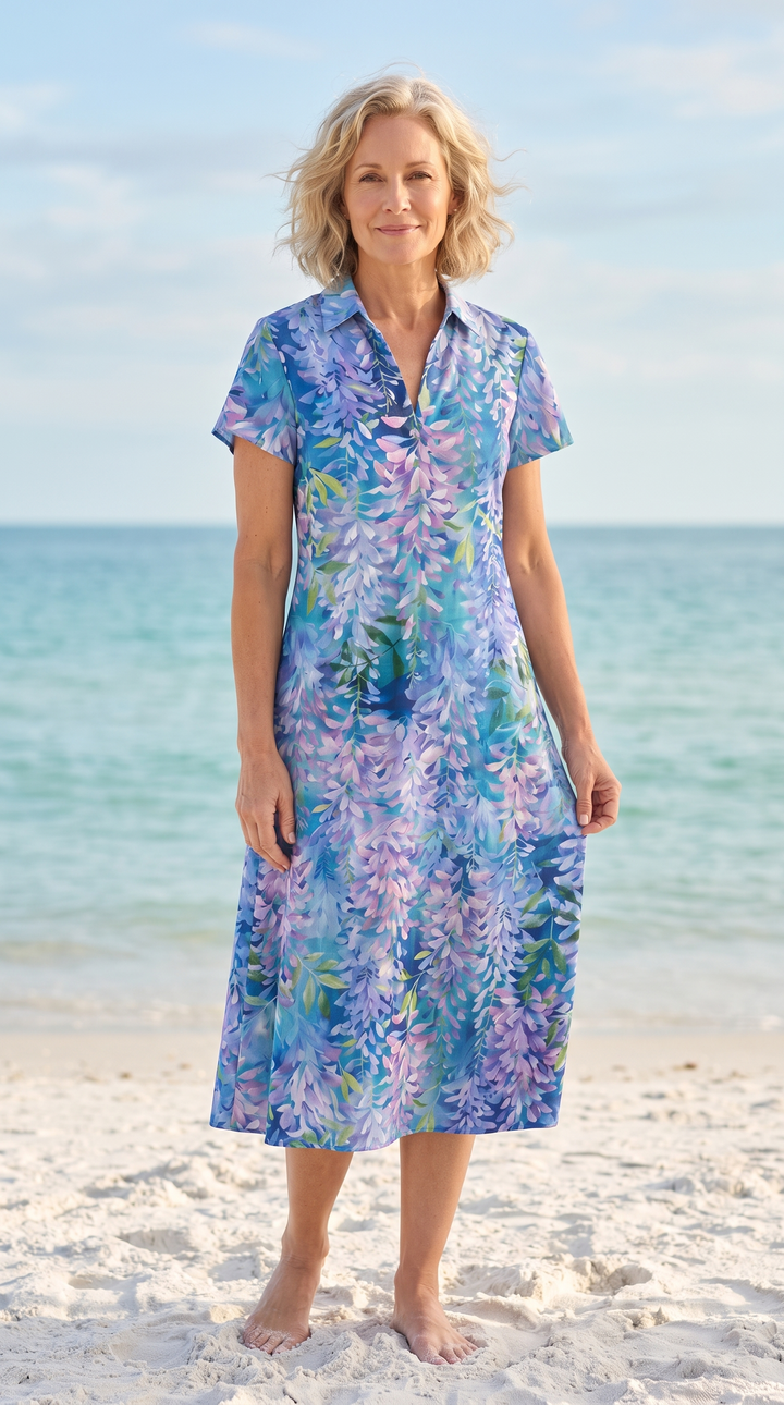 Moira lightweight comfort midi dress in light blue floral — beach lifestyle full body
