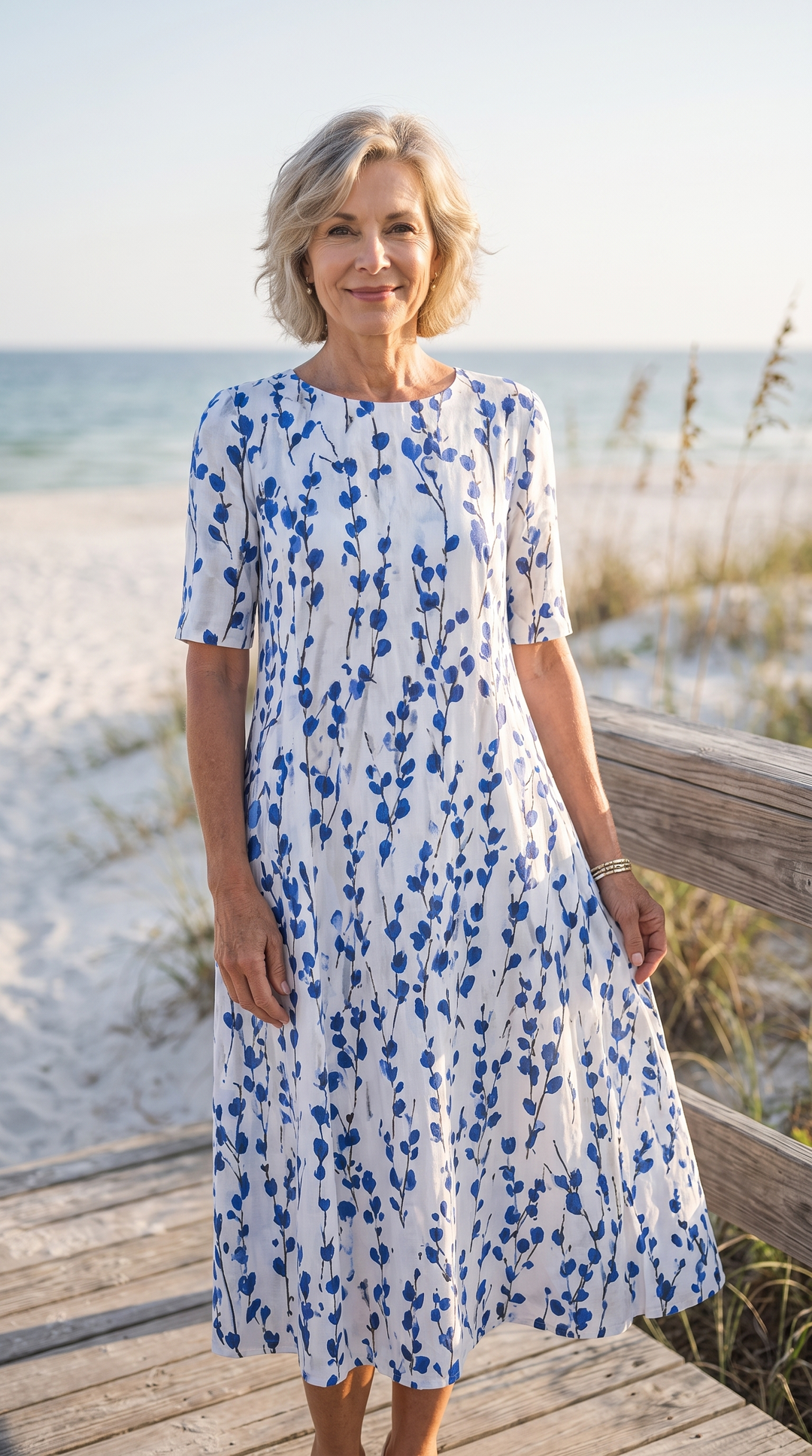 Amelia Summer Elegance Dress in White & Blue — lifestyle shot