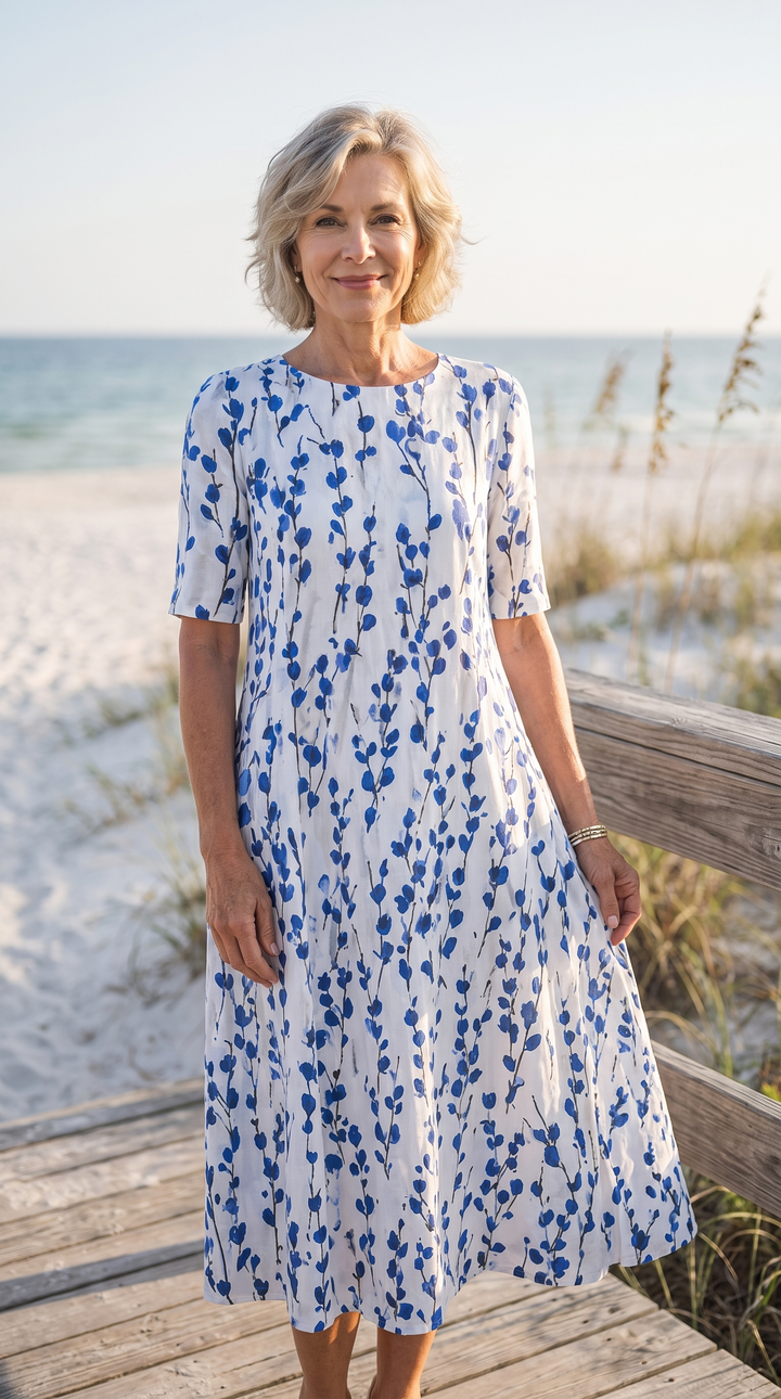 Amelia Summer Elegance Dress in White & Blue — lifestyle shot