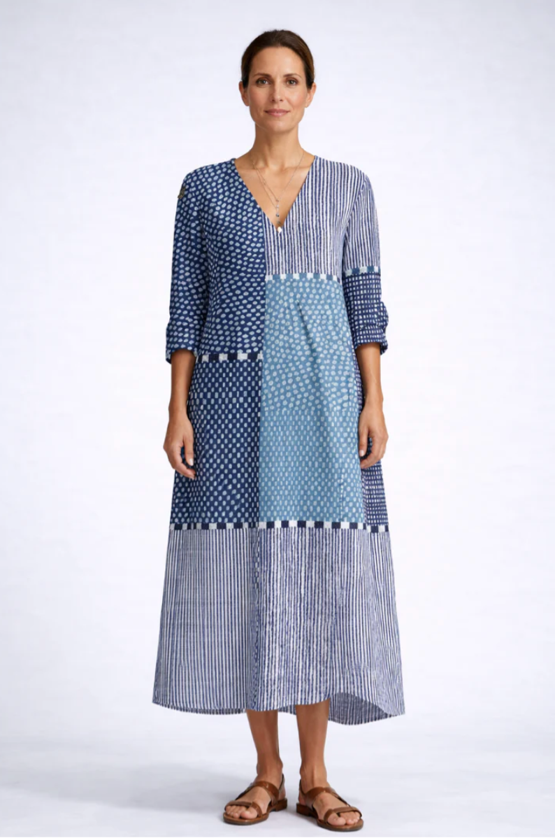 Esra Everyday Comfort Dress - Blue Patchwork