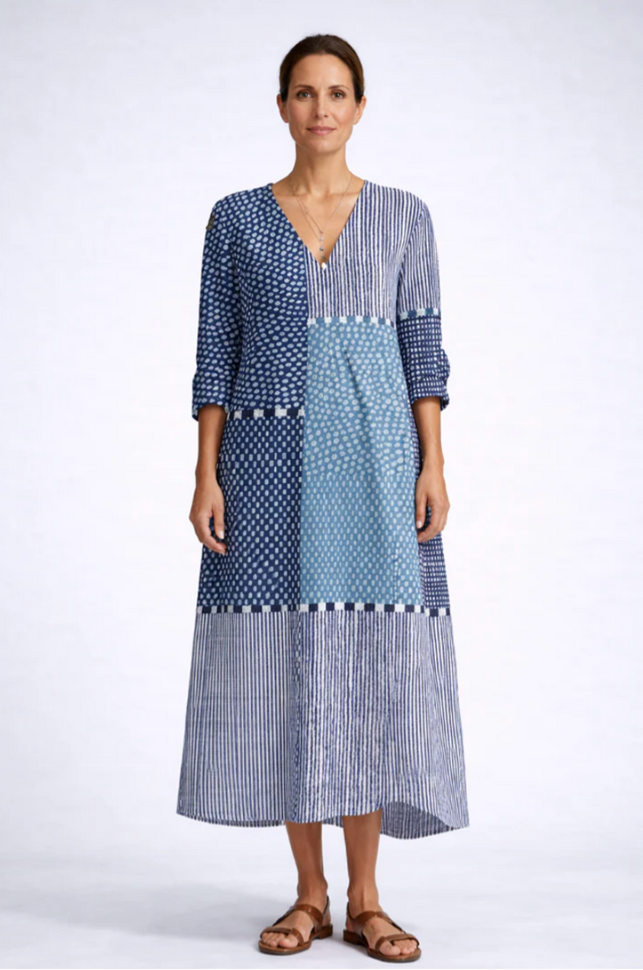 Esra Everyday Comfort Dress - Blue Patchwork
